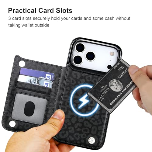 HAOPINSH Wallet Case for iPhone 17 Pro Max,Compatible with MagSafe Wireless Charging, Black Leopard Cheetah Pattern Back Flip Folio Leather Kickstand Card Slots Case Double Magnetic Clasp Cover 6.9" - color: Black Leopard for MagSafe