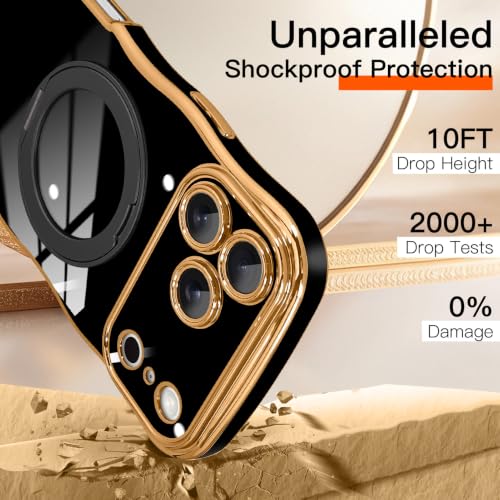 tharlet for iPhone 17 Pro Max Case Black with 360° Spin Magnetic Stand | Cute Luxury Plating Gold Curly Wave Edge, [Compatible with Magsafe] Full Camera Lens Protection ,Women Girl daily matching - color: Black Curly Edge, size: iPhone 17 Pro Max