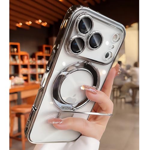 Mag-Stand Designed for iPhone 17 Pro Case Clear Supports Wireless Charging 17 Pro Case with Camera Protector Invisible Stand Ring Luxury Plating Soft TPU Shockproof Phone Cover 6.3",Silver - color: Silver, size: For iPhone 17 Pro 6.3"