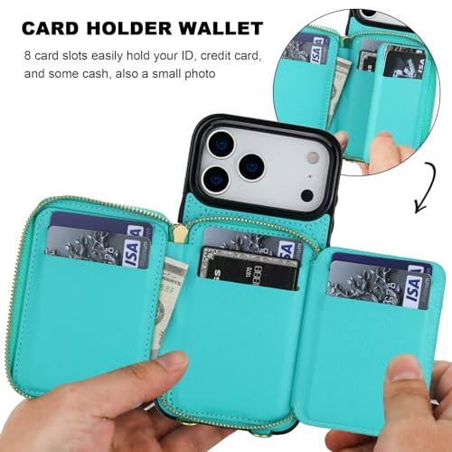 Bocasal Crossbody Wallet Case Card Holder for iPhone 17 Pro Max Mint Green | RFID Blocking PU Leather Zipper Handbag Purse, Kickstand Flip Folio Case with Card Slots Holder Wrist Strap Lanyard 6.9 Inch - color: Green