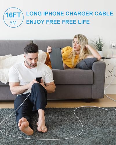 16 FT iPhone Charger Cord, USB-A to Lightning Extra Long Charging Cable, Apple MFi Certified Braided Cable for iPhone, iPad