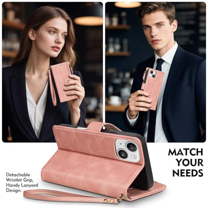 Compatible with iPhone 13 Wallet Case with Card Holder RFID Blocking Zipper Poket PU Leather Flip Phone Case with Wrist Strap Credit Card Slots Men Women,for Apple 13 6.1",Rose Pink - color: Rose Pink, size: iPhone 13 - 6.1"