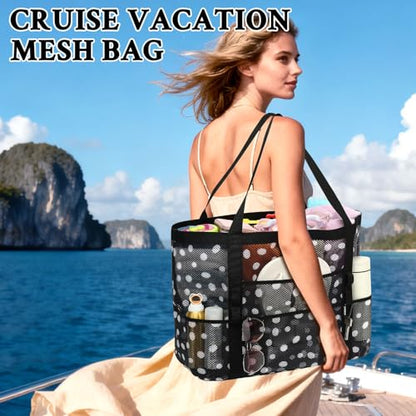 GYEUKHAM Mesh Beach Bag for Women, Sand-Resistant Pool Tote, 9 Pockets (1 Inner Zip), Foldable Family Travel Essentials - color: L-dot