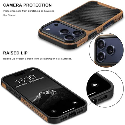 TENDLIN Compatible with iPhone 17 Pro Max Case Wood Grain with Carbon Fiber Texture Design Leather Hybrid Slim Case (Black) - color: Black, size: iPhone 17 Pro Max