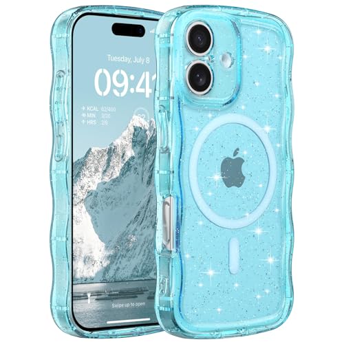 FABSPARK Glitter Case for iPhone 16e/17e,Fit for MagSafe,Blue | Magnetic Curly Wavy Frame | Sparkly Bling Glitter | Transparent Clear Acrylic Hard PC for iPhone 17e/16e,Blue - color: Glitter Clear Blue, size: for iPhone 16e/17e