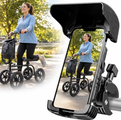 Knee Scooter Phone Holder with Sunshade, 360° Mount for Wheelchair & Walker