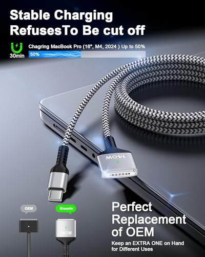 140W MagSafe 3 Cable 6.6ft, Mag Safe Charger Magnetic for MacBook Pro Air - color: White
