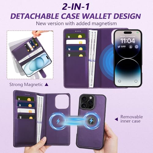 2 in 1 PU Leather for iPhone 16 Pro Max Case, Detachable Wallet Case with Card Holder, Removable Flip Folio Cover with RFID Blocking, Stand Shockproof Phone Cover（Compatible with MagSafe） Purple - color: Purple, size: Iphone 16 pro max