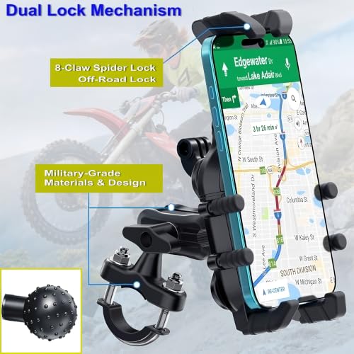 Motorcycle Phone Mount, Heavy Duty Bike Holder with 8-Claw Spider Lock & 4 Shock Absorbers - Anti-Vibration Dual Cushion, Dual Lock System, Action Camera Expansion, for 4.5-7.2" Cellphones