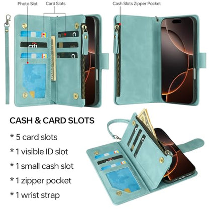 RANYOK Compatible with iPhone 16 Pro Max Wallet Case - PU Leather Wallet Case for iPhone 16 Pro Max with Credit Card Holder RFID Blocking Zipper Pocket [Wrist Strap] Protective Case (Baby Blue) - color: Light Blue, size: iPhone 16 Pro Max, 6.9"