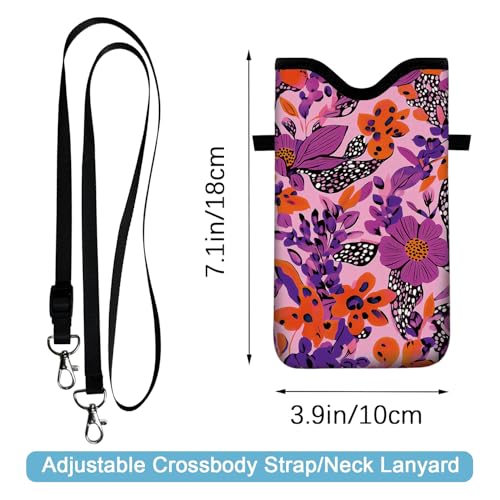 Neoprene Cell Phone Sleeve Pouch Case Bag with Crossbody Strap Neck Lanyard for Women 7.1 X 3.9 in Pink Flower - color: Pink Flower