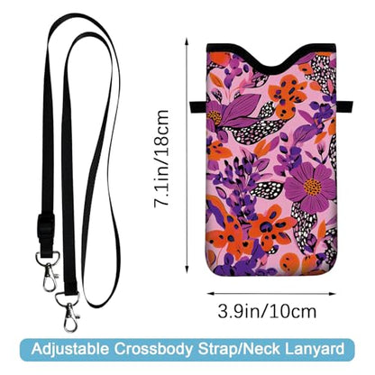 Neoprene Cell Phone Sleeve Pouch Case Bag with Crossbody Strap Neck Lanyard for Women 7.1 X 3.9 in Pink Flower - color: Pink Flower