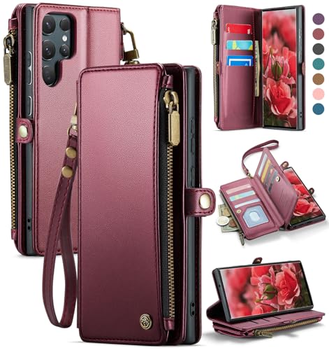 Defencase for Samsung Galaxy S22 Ultra Wallet Case with Card Holder, W-Red | Durable PU Leather, with RFID Blocking Zipper Pocket, Wrist Strap, S22 Ultra Flip Phone Cases Cover with Stand for Women Men - color: Elegant Wine Red