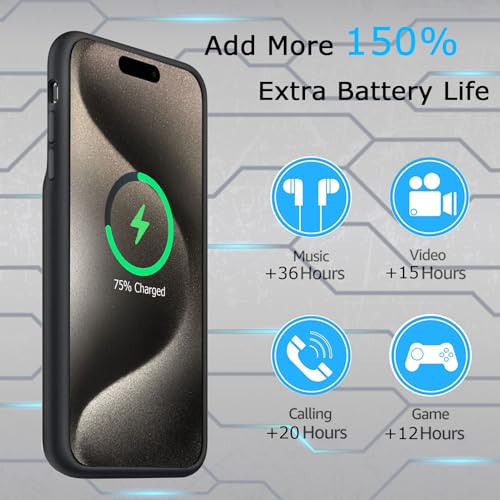 Battery Case for iPhone 15 Pro, Full Encircle 10000mAh High Capacity Rechargeable Portable Charger Case Extended Battery Pack for iPhone 15 Pro (6.1 inch) Wireless Charging Case with Carplay-Black - size: iPhone 15 Pro(6.1 inch)
