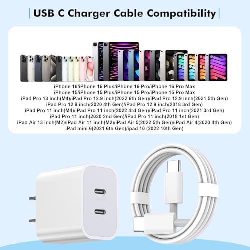 iPhone 17 Charger,Apple Charger Fast Charging,2Pack Dual Port Power Delivery Apple Charging Block,6FT USB C to C iPhone 17 Charge Cable,USB C Charge for iPhone 17/17 Air/16/15 Pro/iPad Pro/Air/Mini - size: 6FT