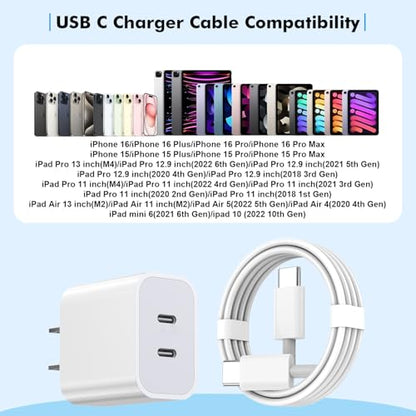 iPhone 17 Charger,Apple Charger Fast Charging,2Pack Dual Port Power Delivery Apple Charging Block,6FT USB C to C iPhone 17 Charge Cable,USB C Charge for iPhone 17/17 Air/16/15 Pro/iPad Pro/Air/Mini - size: 6FT