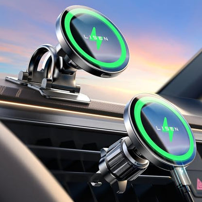 LISEN 15W MagSafe Car Mount Charger, Magnetic Phone Holders for Your Car - color: Black Gray