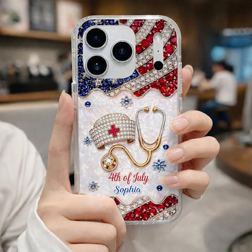 4th of July Nurse Hat, Personalized Clear Phone Case, Gift for Nurses Custom Smartphone Cover Unique Independence Day Present Protective Accessories