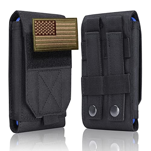 Black Tactical Molle Cellphone Pouch Case,Heavy Duty Waterproof Phone Holster Bag for iPhone 11 12 13 Pro Max for Samsung S22 S21 S20 FE Note 20 A02S Less 6.7" Phone with 2 Pack US Flag Patch - color: Black & 2 Green Patches