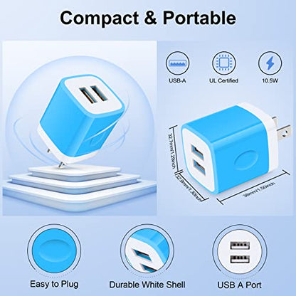 Charging Block Brick, USB Plug,NonoUV 4Pack Dual Port Fast USB Wall Charger - color: Blue, Purple, Rose, Green
