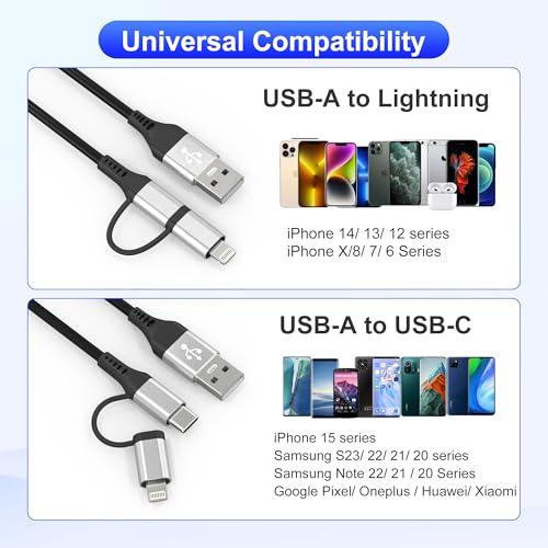 USB to USB-C and Lightning Cable 2 in 1 Coiled Cable Support Carplay & Android Auto [MFi & 3A Fast Charge & Data Sync] Coiled Lightning and USB C Cable for iPhone 17/16/15/14/13/Android, Silver - color: Silver