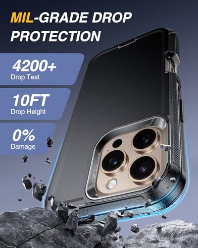 Lanhiem for iPhone 16 Pro Max Magnetic Case with Belt Clip Holster, [Compatible with Magsafe] Heavy Duty Rugged 3 Layer Drop Protection Cell Phone Cover, Anti-Drop with 360° Rotating Kickstand Black