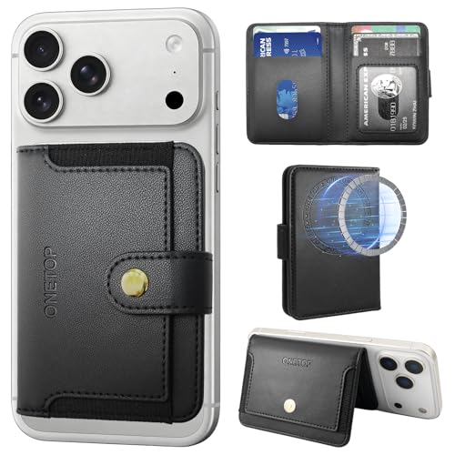 ONETOP for MagSafe Wallet,Magnetic Phone Wallet with 5 Card Slots,Black | 1-12 Cards/Cash Holder for iPhone 17/16/15/14/13/12 Series,Detachable Wallet Stick-On Back,PU Leather RFID Blocking Kickstand - color: Black