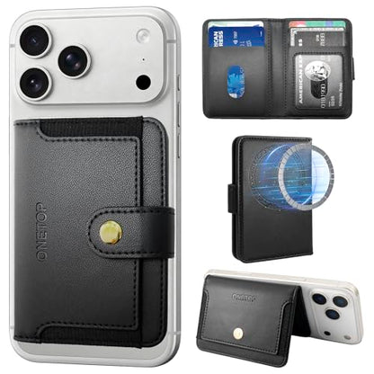 ONETOP for MagSafe Wallet,Magnetic Phone Wallet with 5 Card Slots,Black | 1-12 Cards/Cash Holder for iPhone 17/16/15/14/13/12 Series,Detachable Wallet Stick-On Back,PU Leather RFID Blocking Kickstand - color: Black