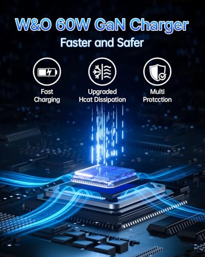 W & O 60W Gan Fast Charger Wall Plug, Built-in Retractable USB-C & L Cables - color: black+black