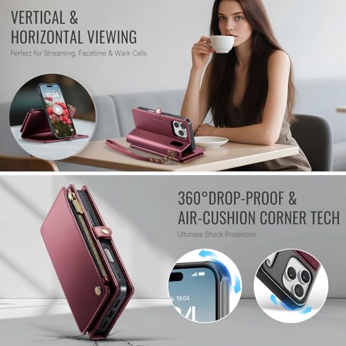 Defencase for iPhone 17 Pro Max Case Wallet Compatible with Magsafe, W-Red | Drop-Proof Magnetic Detachable Phone Cases Cover, with RFID Bolcking Card Holder, Zipper Strap, PU Leather, Removable Wallet - color: (Detachable with Magsafe)-Wine Red