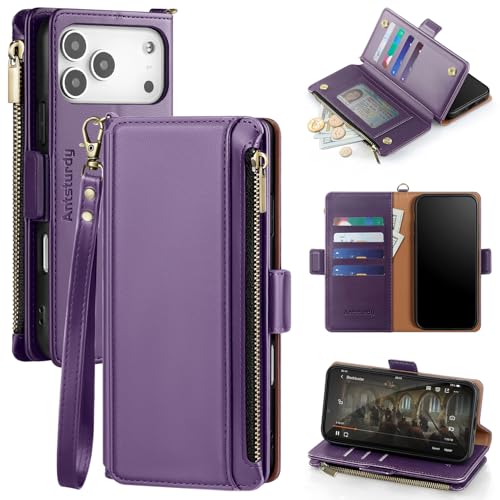 Antsturdy for iPhone 17 Pro Max Phone Wallet Case Women,Purple | RFID Blocking,with Credit Card Holder Slots,PU Leather Purse,Zipper Pocket,Wrist Strap Kickstand,Flip Folio Cover for Men - color: Purple