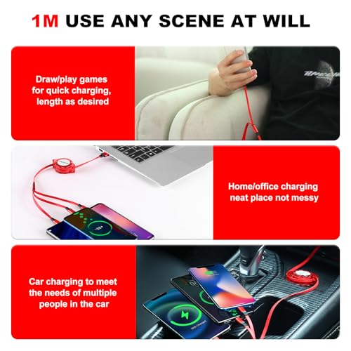 Multi USB C Retractable Cable 3 in 1, 3.3FT/2Pack QC 3.0 Fast Charging Cord