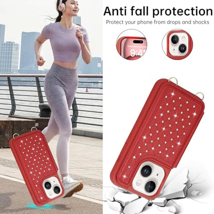 Crossbody Wallet Case for iPhone 11(6.1") with Detachable Strap - PU Leather Flip Folio with Card Slots & RFID Blocking, Sparkling Diamond Accents-Red - color: Red, size: iPhone 11(6.1")