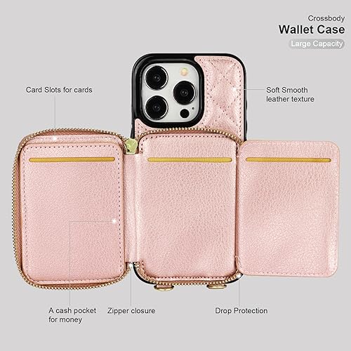 Bocasal Crossbody Wallet Case Card Holder for iPhone 15 Pro, Rose Gold | RFID Blocking PU Leather Zipper Handbag Purse, Kickstand Flip Folio Case with Card Slots Holder Wrist Strap Lanyard 6.1 Inch - color: Rose Gold