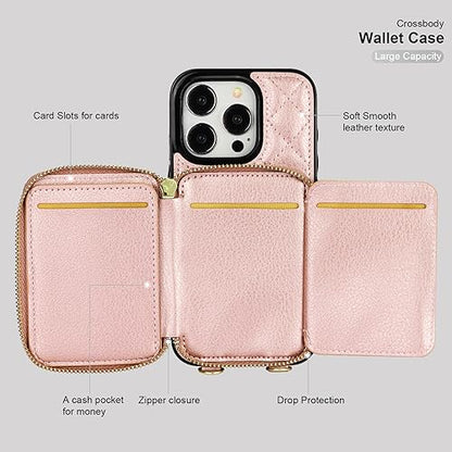Bocasal Crossbody Wallet Case Card Holder for iPhone 15 Pro, Rose Gold | RFID Blocking PU Leather Zipper Handbag Purse, Kickstand Flip Folio Case with Card Slots Holder Wrist Strap Lanyard 6.1 Inch - color: Rose Gold