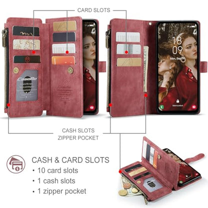 Samsung Galaxy S24 FE 5G Wallet Case with Card Holder Kickstand Magnetic Zipper Pocket Lanyard Strap Wristlet,Leather Flip Case Wallet for Samsung Galaxy S24 FE 6.7 Inch(Red) - color: Red, size: S24 FE 5G 6.7 Inch