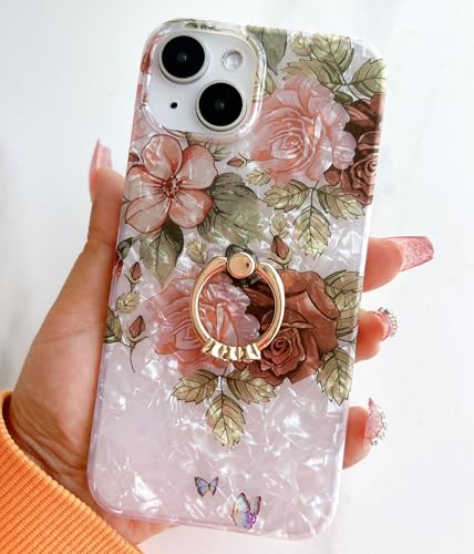 Qokey for iPhone 13/14 Case 6.1 inch,Flower Design Cute Clear for Women Girls with 360 Degree Rotating Ring Kickstand Soft TPU Shockproof Cover Brown Floral - color: Brown