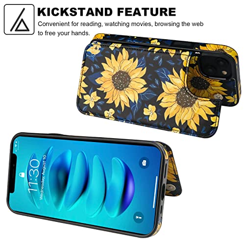 HAOPINSH for iPhone 14 Wallet Case with Card Holder, Blooming Sunflowers Pattern Back Flip Folio PU Leather Kickstand Card Slots Case for Women Girls, Double Magnetic Clasp Shockproof Cover 6.1" - color: Blooming Sunflowers