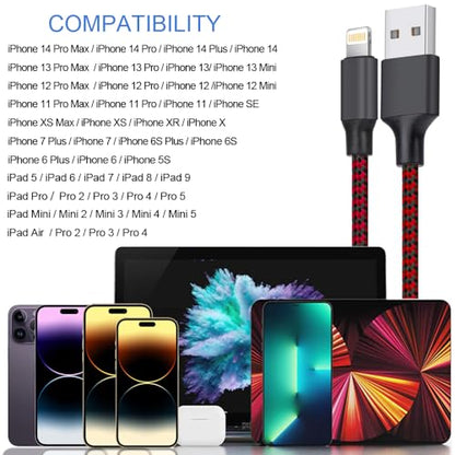 iPhone Charger, Lightning Cable 3PACK 6FT MFi Certified USB Charging Cord - color: Red