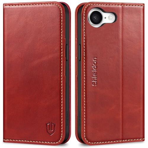 SHIELDON Genuine Leather Case Wallet for iPhone 17e/16e 6.1", Retro Red | Folio Magnetic Closure, RFID Blocking, Credit Card Holder, Kickstand, Shock Absorbing Protective Cover for Men Women - color: Retro Red