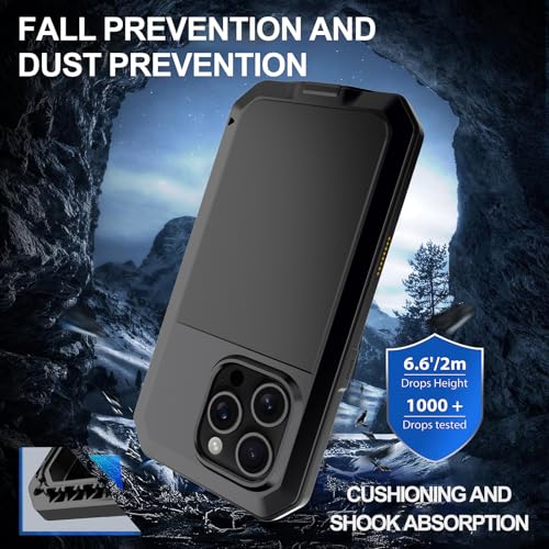 for iPhone 16 Pro Max Metal Case 6.9",Heavy Duty Shockproof Aluminum Alloy Tough Armour Military Phone Case,360 Full Body Protective Cover with Silicone Built-in Screen Protector - Black - color: Black