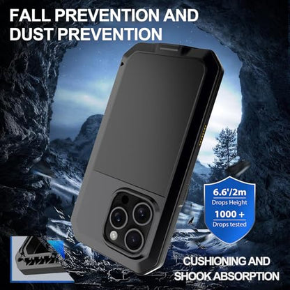 for iPhone 16 Pro Max Metal Case 6.9",Heavy Duty Shockproof Aluminum Alloy Tough Armour Military Phone Case,360 Full Body Protective Cover with Silicone Built-in Screen Protector - Black - color: Black