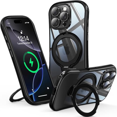Reukdnv 360° Spin Magnetic Stand for iPhone 16 Pro Case [Full Camera Protection] [Fit for MagSafe] [Anti-Yellowing] Shockproof Protective Kickstand Plating TPU Cover for 16 Pro 6.3", Black - color: Black, size: iPhone 16 Pro