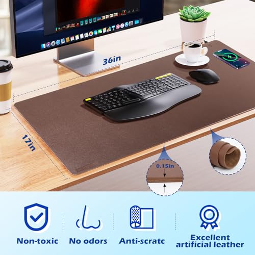 Wireless Charging Desk Mat, Mouse Pad, Brown-R, 36x17 inch - color: Brown-r, size: 36" x 17"