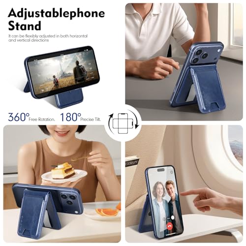 Shieldtop RFID Blocking MagSafe Wallet Stand with Card Holder,5 Card Slots & ID Window,PU Leather Magnetic Adjustable Kickstand for iPhone 12/13/14/15/16/17 Pro Max & Air Plus Series,Blue - color: Blue