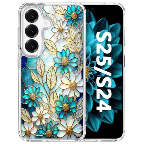 for Samsung Galaxy S24/S25 Magnetic Case【Compatible with MagSafe】 Aesthetic Vintage Stained Glass Flower Design, Slim Fit Hard PC Back Shockproof Clear Phone Cover, Blue Glazed Flower - color: Blue Glazed Flower, size: Galaxy S25/S24