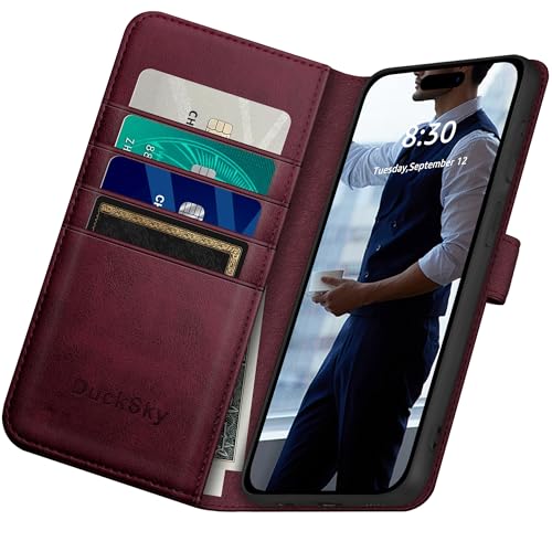 DuckSky Compatible with iPhone 17 Pro Max 6.9" Genuine Leather Wallet case【RFID Blocking】【4 Credit Card Holder】【Real Leather】 Flip Phone case Cover Women Men for Apple 17 Pro Max case Wine Red - color: Wine Red