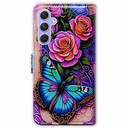 Bcov Case for Samsung Galaxy A54 5G,Blue Butterfly Flowers Rose Leather Flip Phone Case Wallet Cover with Card Slot Holder Kickstand for Samsung Galaxy A54 5G - color: Blue Butterfly Flowers Rose