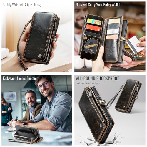 Defencase for Samsung Galaxy S23 Ultra Wallet Case with Card Holder, Coffee | Durable PU Leather, with RFID Blocking Zipper Pocket, Wrist Strap, S23 Ultra Flip Phone Cases Cover with Stand for Women Men - color: Luxury Coffee