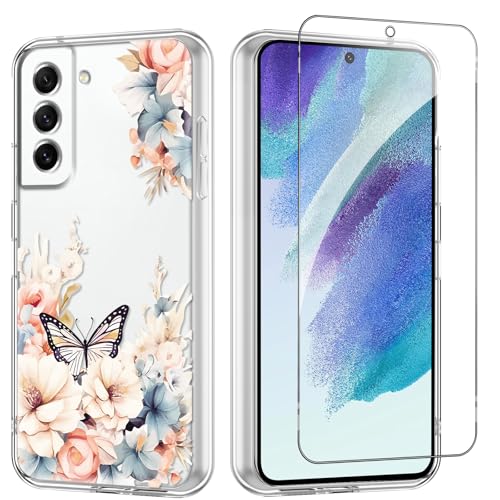 Flower Phone Case Floral for Samsung Galaxy S21 FE（5G） 6.4'' with Screen Protector, Clear Transparent Phone Cover Slim Soft Shockproof Anti-Scratch Drop Protection Funda for Girls Women - color: Yellow Peony, size: Samsung Galaxy S21 FE（5G）